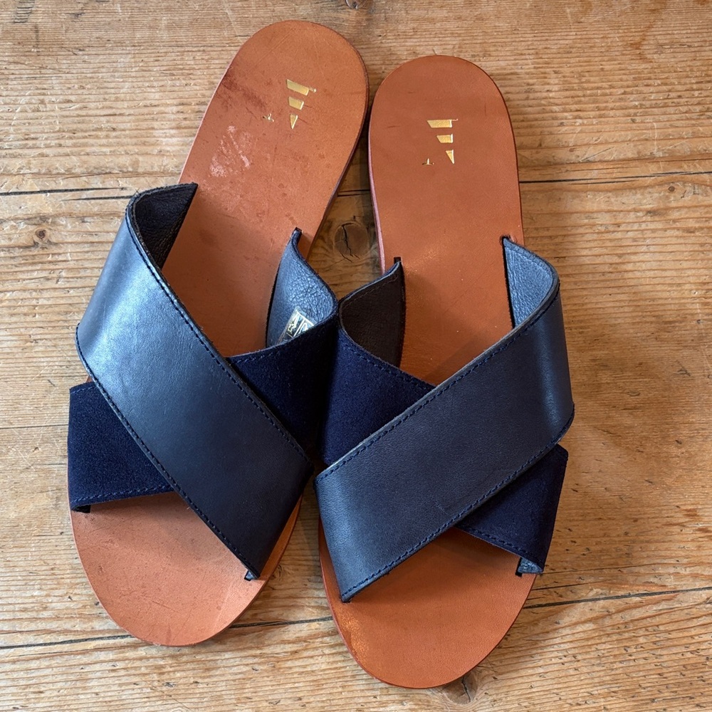 Nantucket Sole (Cole Haan) Leather Cross Strap Flat Slide Sandals Blue 9-9.5